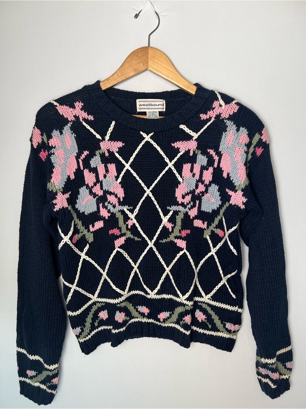 Westbound Vintage Floral Lattice Knit Sweater Navy Blue Cottage Grandma Medium